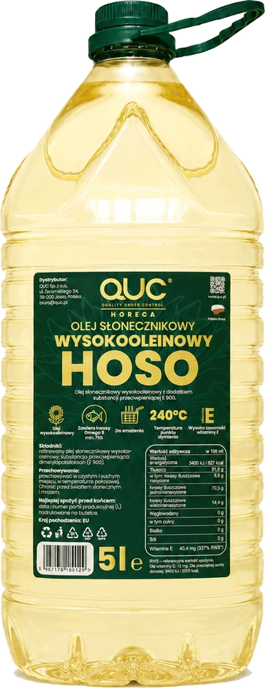 Olej słonecznikowy wysokooleinowy HOSO QUC HoReCa, kanister 5 L, zielona nakrętka